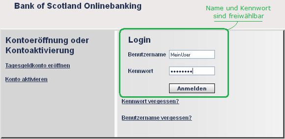 Login bei der Bank of Scotland