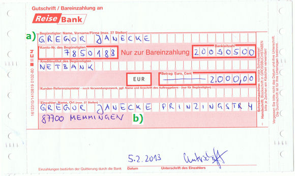 Formular der Reisebank fr die Bareinzahlung