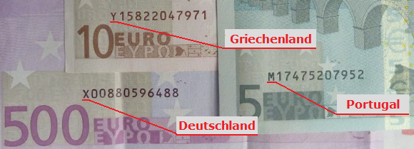 3 Geldscheine vom Euro mit Markierung des Ländercodes