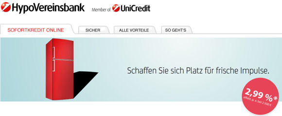Bildschirmdruck von der Internetseite der HVB zum SofortKredit