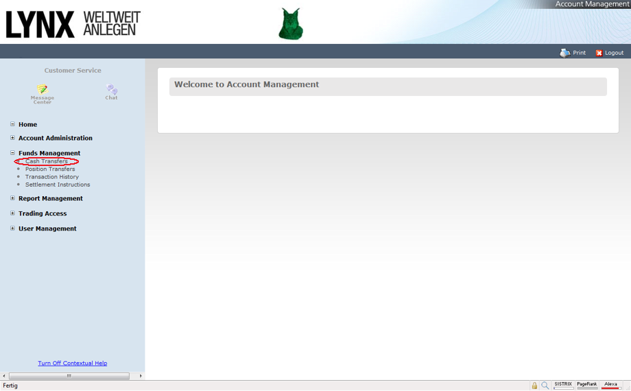Startseite vom Account Management bei LYNX