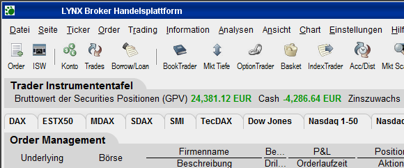 Ausschnitt der Handelsplattform in Deutsch