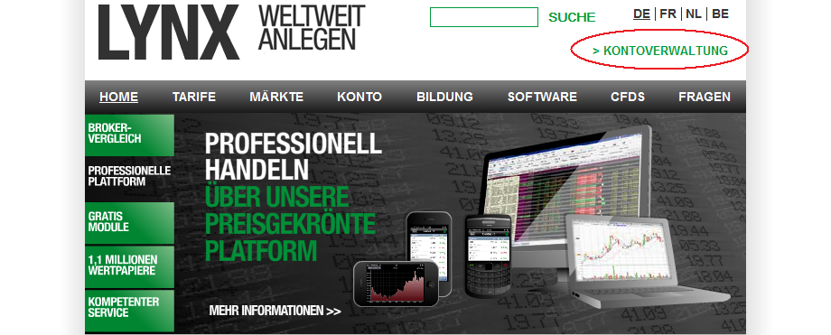 Startseite des Online-Brokers LYNX