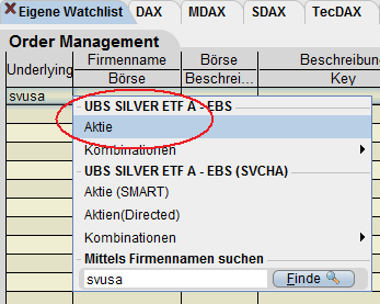 Zum Handeln des Silver ETFs die Auswahl Aktie treffen.