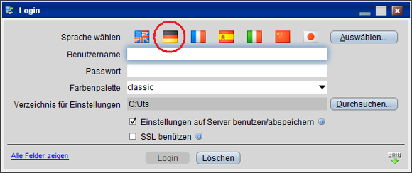 Loginmaske von LYNX. Hier stellt man die Sprache ein.