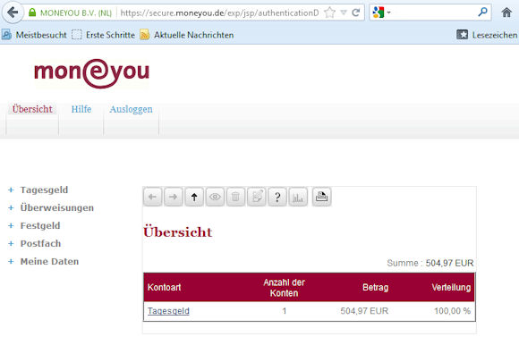 Tagesgeld bei MoneYou – Ansicht Online-Banking