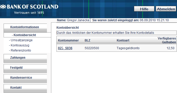 Online Konto der Bank of Scotland