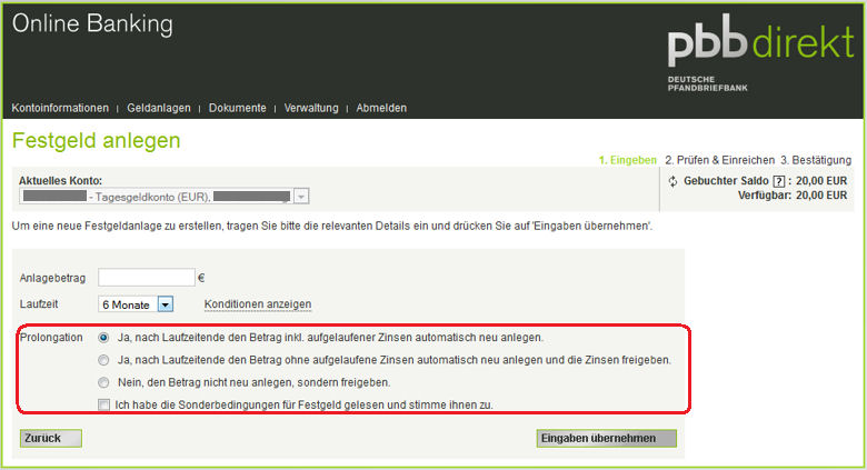 Bildschirmdruck von der Festgeldanlage der pbb direkt