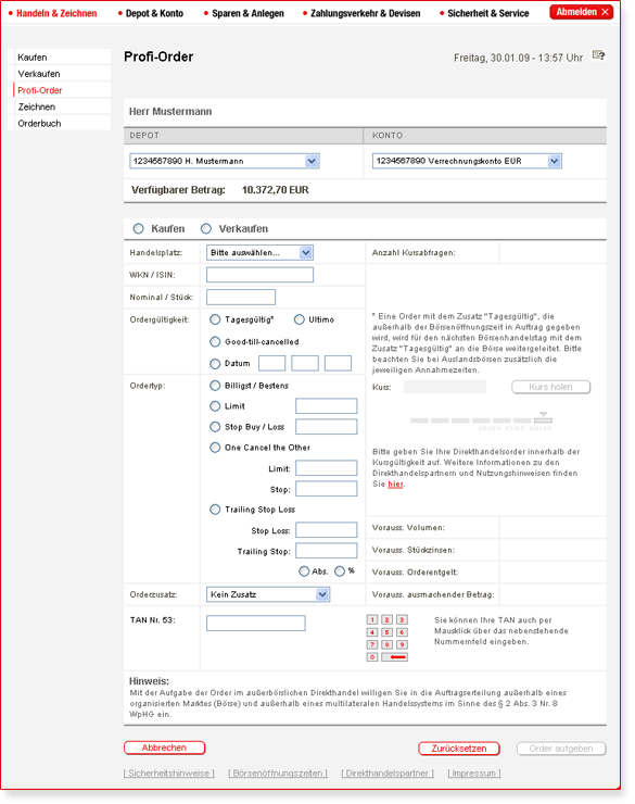 So sieht die Maske Profi-Order beim sBroker aus.