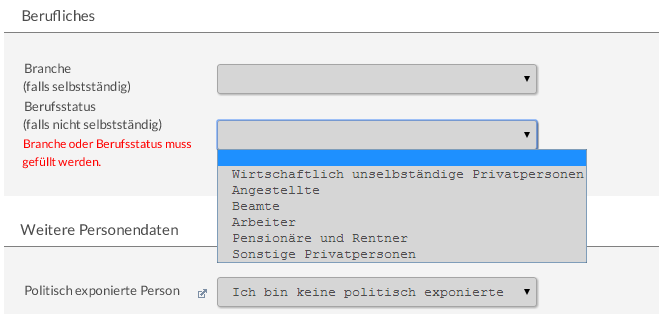 Angabe des Berufsstatus bei der Varengold Bank