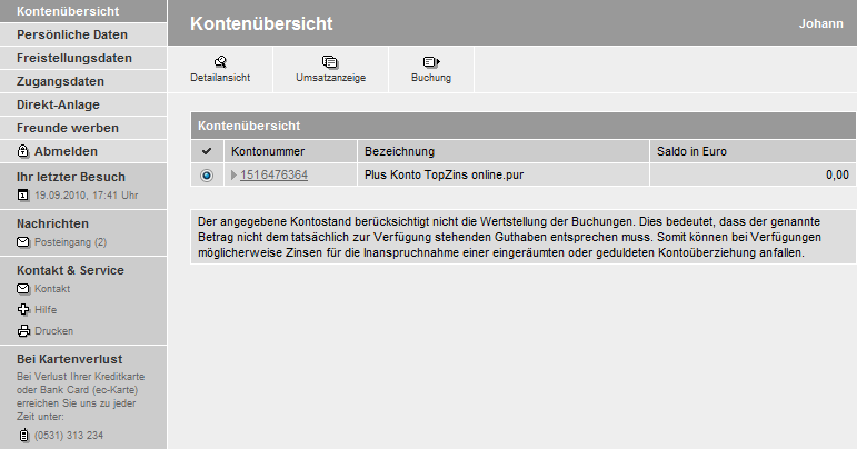 Kontobersicht ber alle online verfgbaren Konten