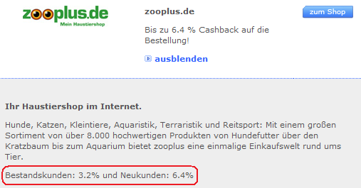 DKB Cashback-Beispiel Zooplus