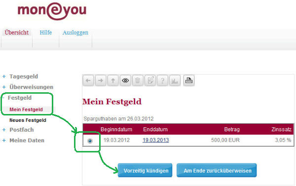 Festgeld vorzeitig kündigen – Bildschirmdruch von MoneYou