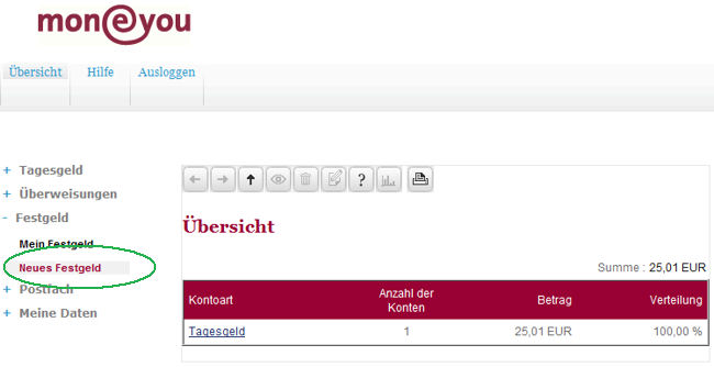 Kontoübersicht bei MoneYou - hier Tagesgeld