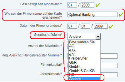 Antragsseite von der Business Card von American Express