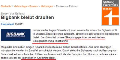So urteilt die Finanztest zum Festgeld der BIGBANK Artikel der Finanztest zum Festgeld der BIGBANK