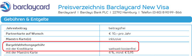 Barclaycard Preisverzeichnis zu Bargeldabhebungen