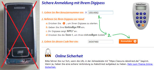 RaboDirect: Login mit Digipass