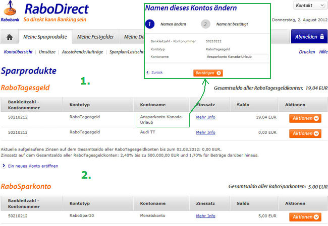 So sieht das Online-Banking bei der RaboDirect aus! Bildschirmdruck vom Online-Banking der RaboDirect
