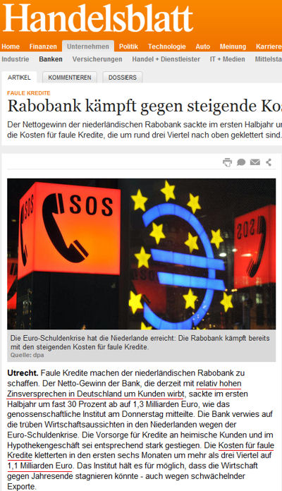 Handelsblatt über faule Kredite bei der Rabobank vom 23.08.2012, 14:07 Uhr Bildschirmdruck vom der Online-Ausgabe des Handelsblatts zur Rabobank