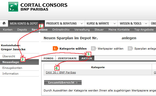 So richtet man bei Cortal-Consors einen Sparplan auf Aktien ein. So richtet man bei Cortal-Consors einen Sparplan auf Aktien ein.