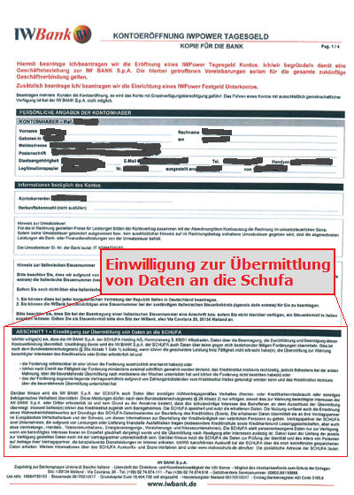 Kontoantrag der IW Bank für Tagesgeld Seite 1