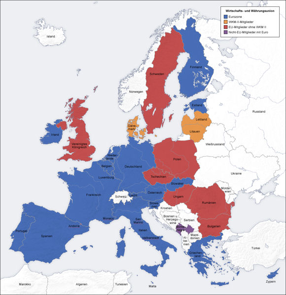Karte von Europa mit den markierten Euro-Staaten