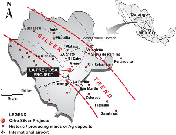 Landkarte von Mexiko und dem Silberprojekt von Orko