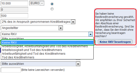 Bildschirmdruck der Empfehlung einer Restkreditversicherung