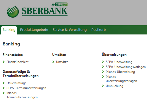 Bildschirmfoto aus dem Online-Banking der Sberbank