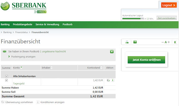 Sberbank Konto-Überblick